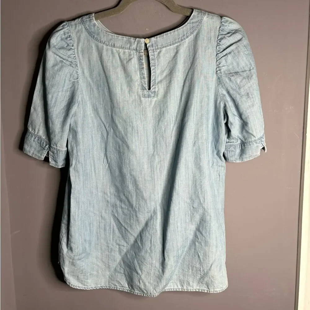 LOFT Short Puff Sleeve Denim Shirt High Round Neck Small Petite
